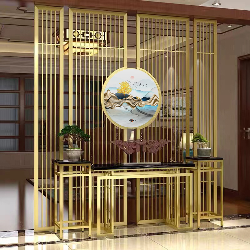 定制新中式金屬隔斷鈦金入門(mén)玄關(guān)酒店鏤空通花客廳背景